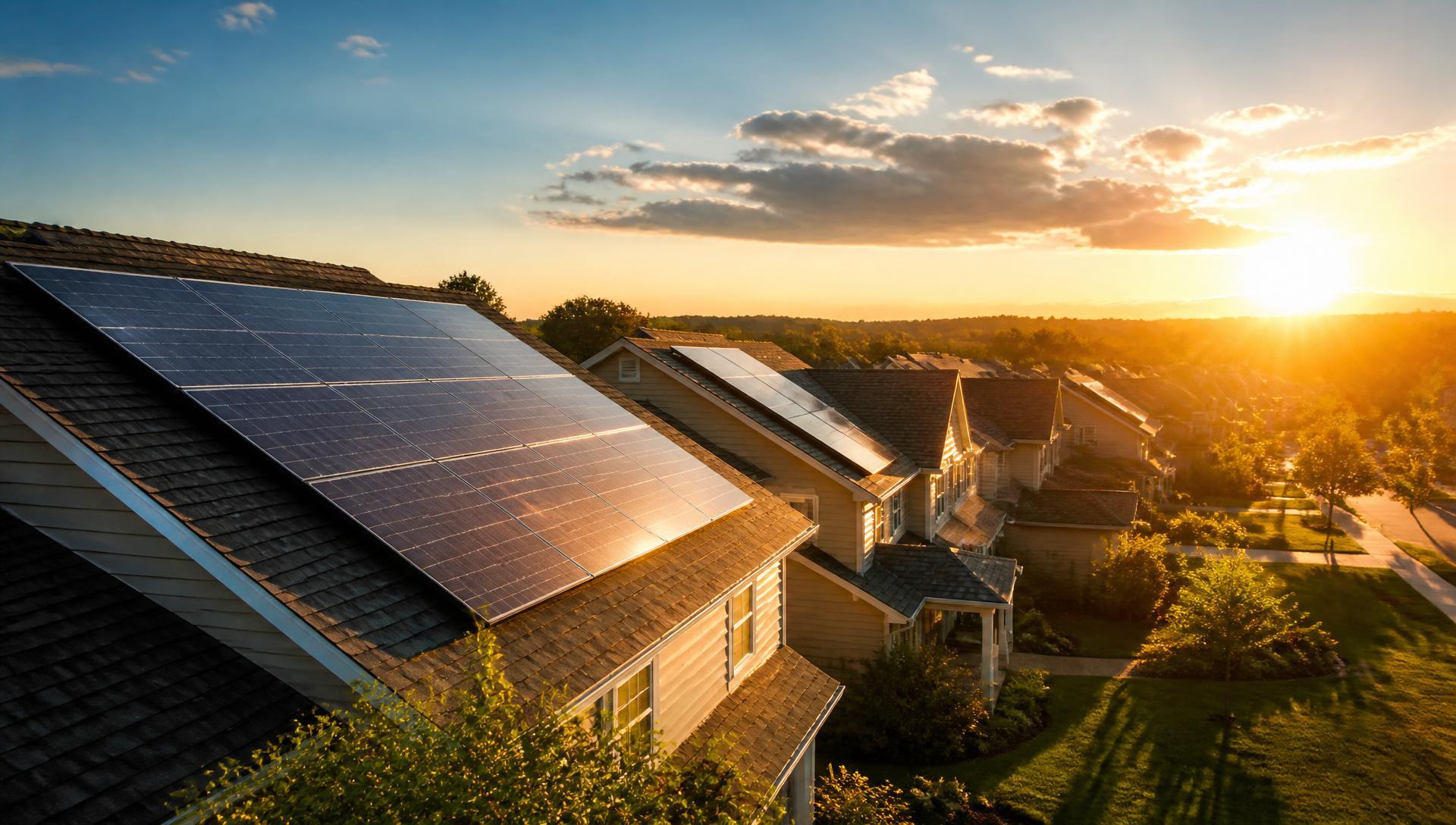 Golden sunlight over rooftop solar panels